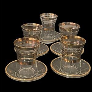 - Turkish Tea Glasses & Saucers Gold Band Trim Set of 5 Vintage